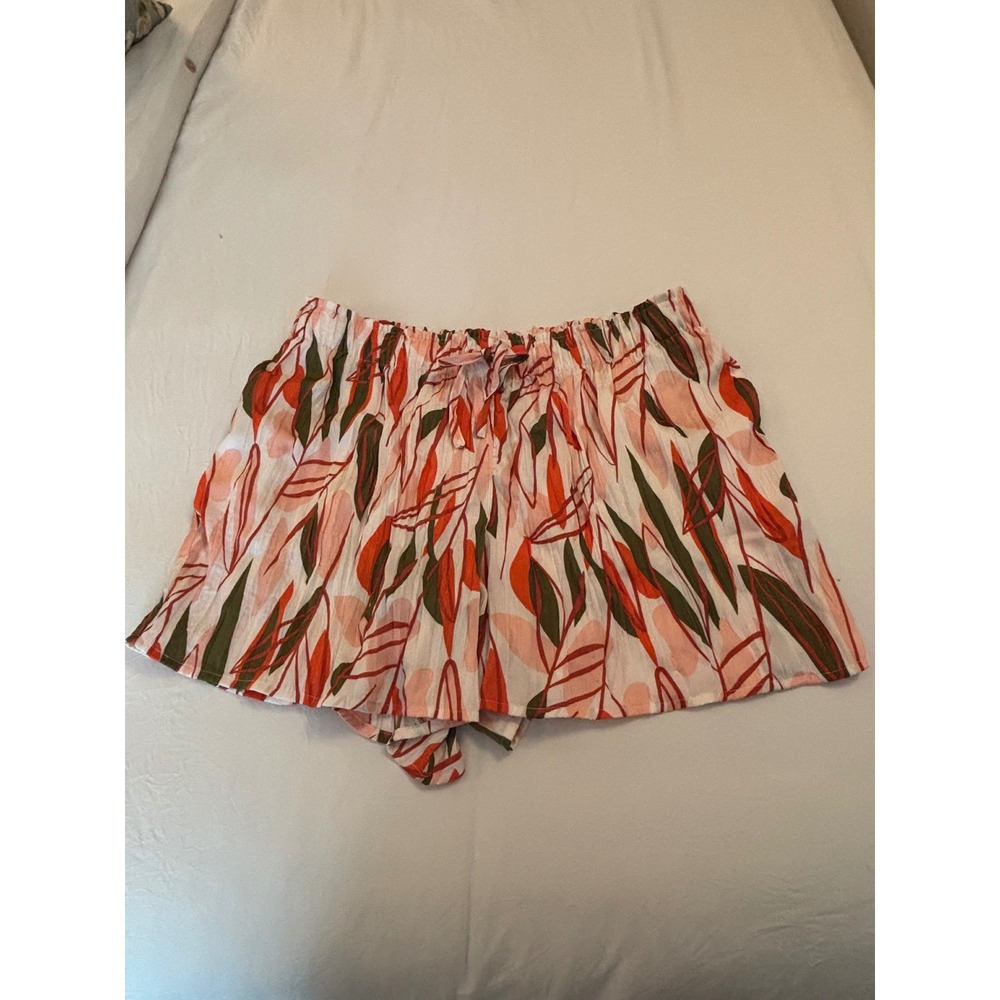 Calligraphie Women Orange Green Tropical Leaf Print Elastic Waist Shorts SZ~ L